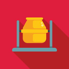 Yellow concrete mixer mixing cement for construction works on red background