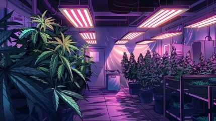 A vibrant indoor growing room filled with cannabis plants, illuminated by pink and white grow lights, showcasing careful cultivation and a serene atmosphere