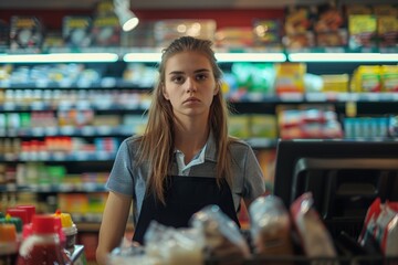 A young woman stands at a checkout counter in a convenience store, appearing focused amidst a backdrop of colorful products and shelves
