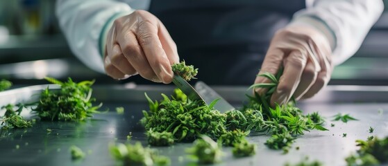 A person with gloves is trimming and handling green cannabis buds on a metallic table in a clean environment