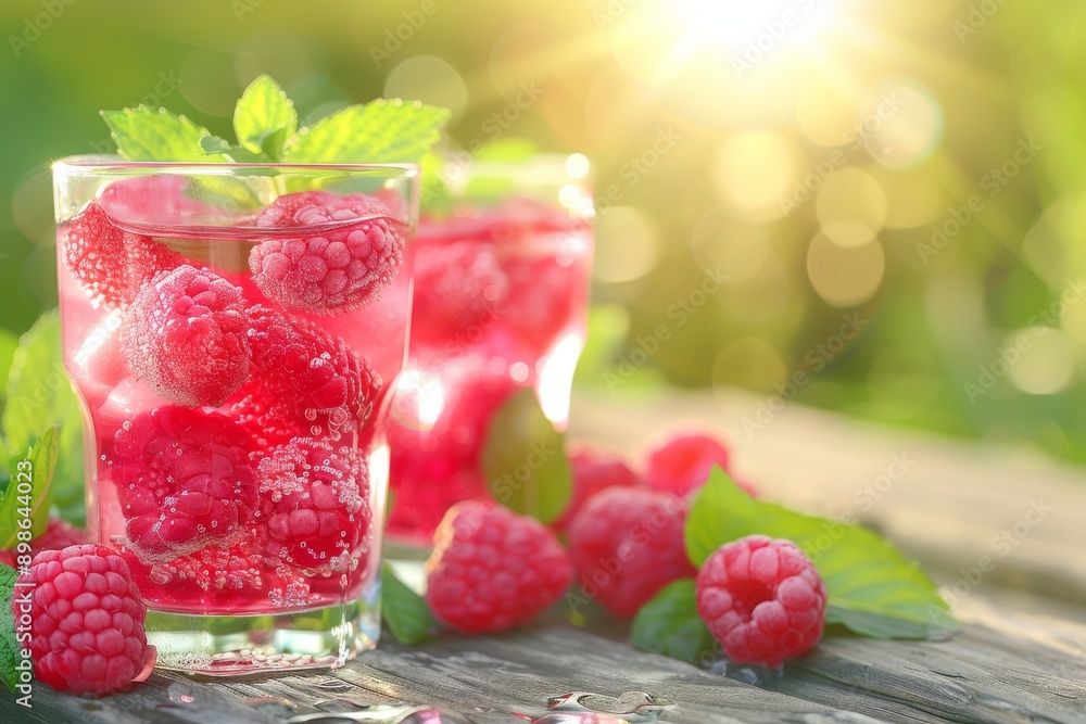 Poster refreshing raspberry lemonade with mint in a garden vibrant and sweet representing summer and relaxa