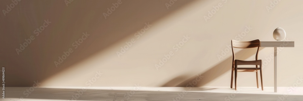 Poster a wooden chair sits beside a white table in a minimalist room with sunlight streaming in through a w