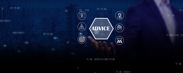 Advice concept. business consulting. Businessman touching advice icon on virtual screen 