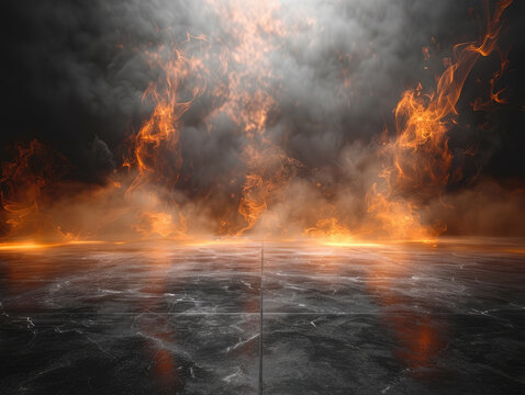 Fire burning above empty concrete floor background
