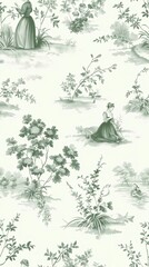 Elegant French Country Toile de Jouy Wallpaper Pattern with Pastoral Garden Scenes