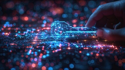 Businessman holding futuristic glowing key over digital network