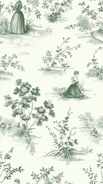 Elegant French Country Toile de Jouy Wallpaper Pattern with Pastoral Garden Scenes