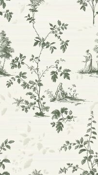 Lush French Country Garden Toile de Jouy Wallpaper Design with Pastoral Scenes and Verdant Foliage