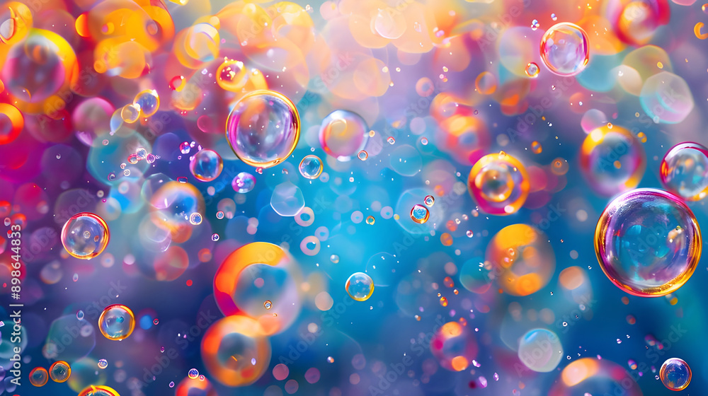 Poster A lively and vibrant image of colorful bubbles floating against a blurred, abstract background, creating a whimsical and playful scene.