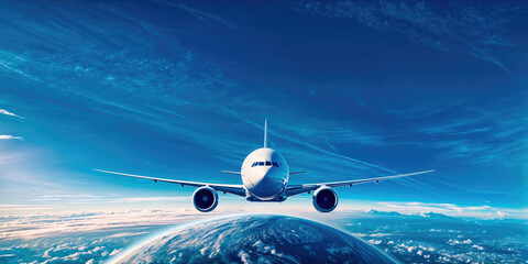 White passenger airplane flying above earth