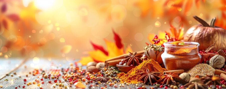 Autumn spices and ingredients with pumpkin on a rustic table under warm sunlight