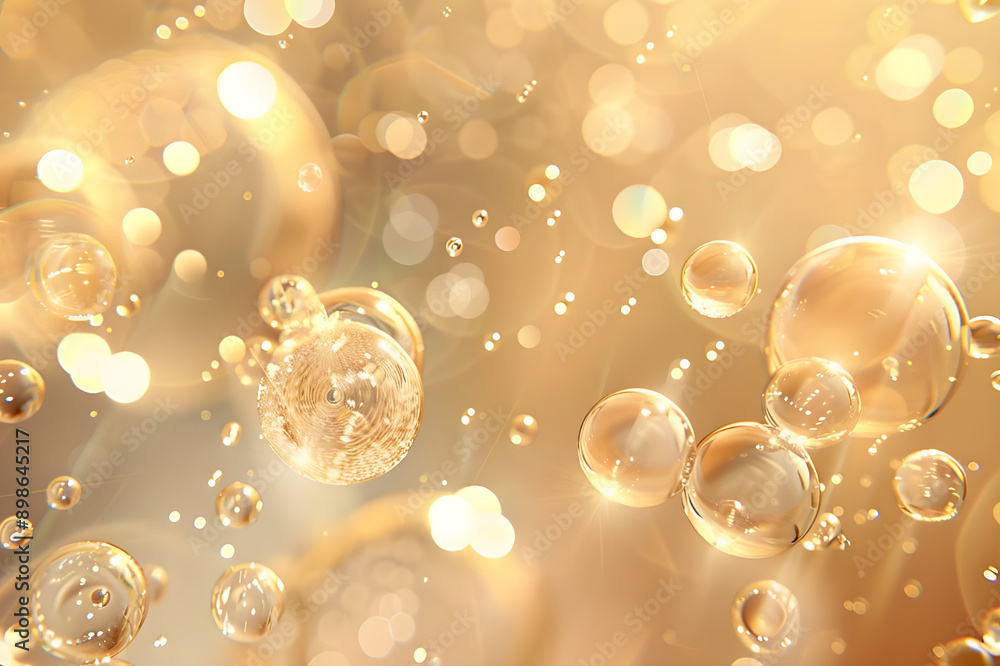 Poster Abstract image of golden bubbles floating in a soft focus light, creating a warm and dreamy atmosphere.