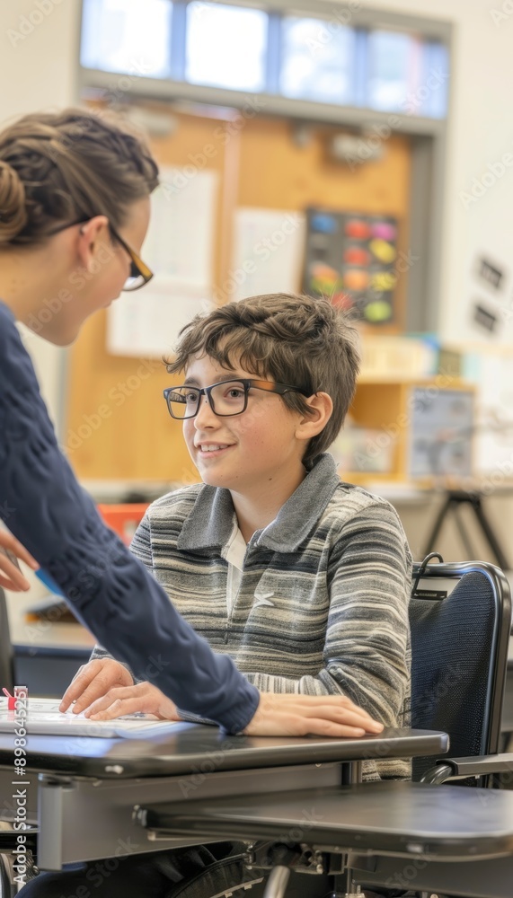 Poster blind student engaged in math lesson using adaptive tools with teacher support in inclusive classroo
