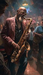 Blind Saxophonist Performing in Vibrant Jazz Club With Enthusiastic Audience and Illuminated Atmosphere