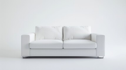 A white sofa with two pillows sits in front of a white wall. Generative AI