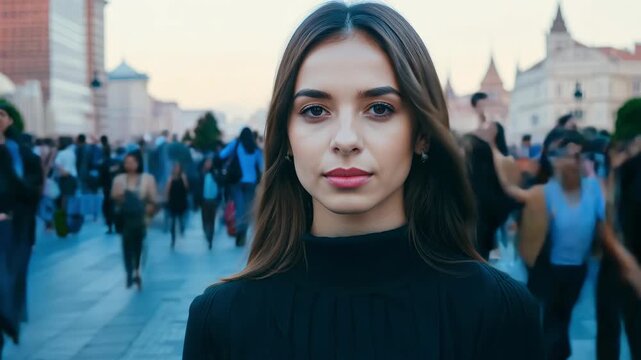 A young woman walks through a crowded city street, with people blurred in the background. The woman is wearing a dark turtleneck sweater and has long brown hair.