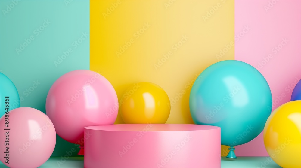 Poster A colorful display of balloons in a room with a pink pedestal. The balloons are of different colors and sizes, creating a fun and playful atmosphere
