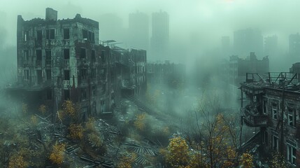 Dense fog is engulfing abandoned destroyed buildings in a post apocalyptic city