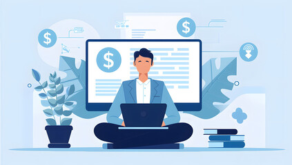 Man Sitting on Laptop with Money Sign and Website Design Screen