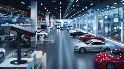 Modern Car Dealership Showroom with Surveillance Cameras for Secured Environment