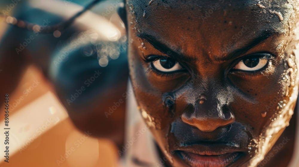 Poster intense expression of sprinter in final push to finish line, sweat and determination