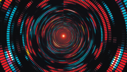 Bright colorful spiral. Colorful dotted spiral swirl circles. Green, yellow, blue, light blue and pink swirl pattern of round shaped dots. Glowing tunnel background, space landscape. Mosaic grunge par