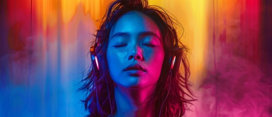 Fototapeta premium A woman with black hair, eyes closed, enjoying music in wireless headphones. Serene expression, gentle breeze effect in dreamy pink-blue setting, studio lighting for dramatic touch.