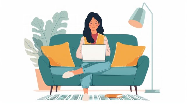 A woman works on a laptop on a green sofa surrounded by a cozy, plant-filled setting featuring yellow pillows and a floor lamp, giving off a relaxed vibe.