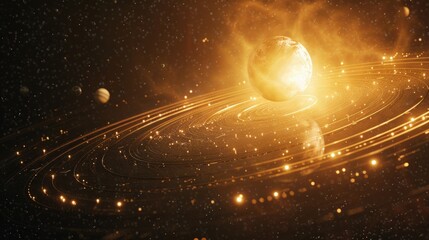 An artistic depiction of a planetary system in space shows a golden Earth-like planet in the center with shining rings, surrounded by smaller planets against a dark background dotted with stars