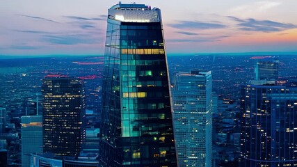 A wide shot from a high-rise building in London, looking out at a cityscape of other skyscrapers at dusk.