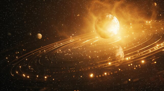 An artistic depiction of a planetary system in space shows a golden Earth-like planet in the center with shining rings, surrounded by smaller planets against a dark background dotted with stars - Powered by Adobe