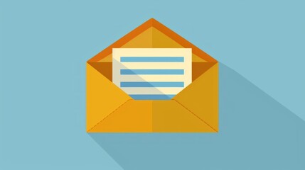 Yellow flat design envelope with blue paper peeking out on a serene blue background. Detailed with a long shadow for added depth, it conveys a tranquil atmosphere