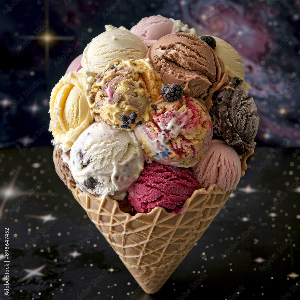Poster ice cream cone with assorted flavors against a cosmic background. image with scoops of different ice