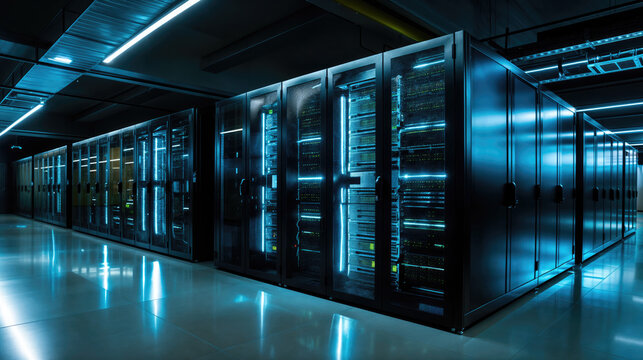 Server room data center equipment flashing lights modern technology - Powered by Adobe