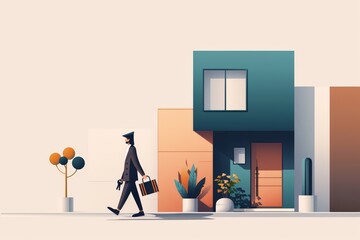 Minimalist illustration of a businessman walking past a modern house with geometric shapes and vibrant colors.