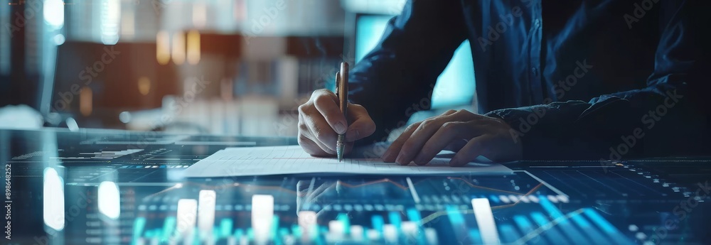 Poster a person is writing at a table with digital graphs and charts floating above it, indicating financia