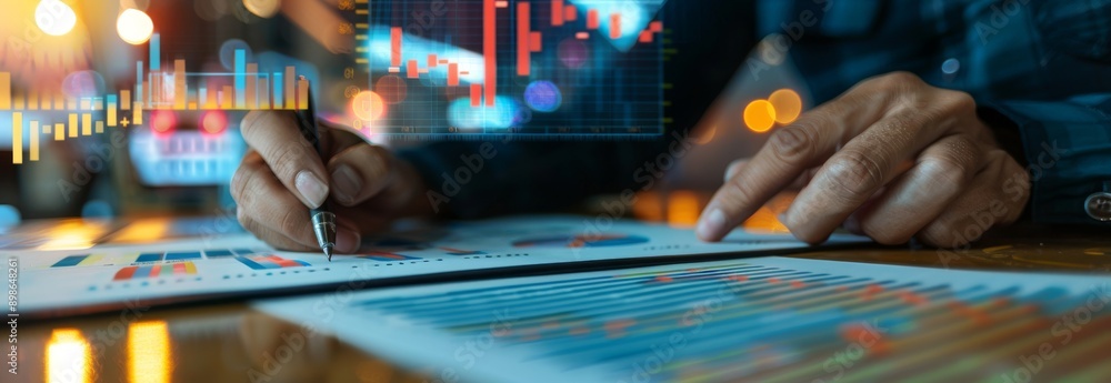 Poster a person is writing at a table with digital graphs and charts floating above it, indicating financia