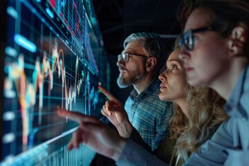 Diverse Team of Stock Analysts Discussing Market Strategies on Interactive Whiteboard