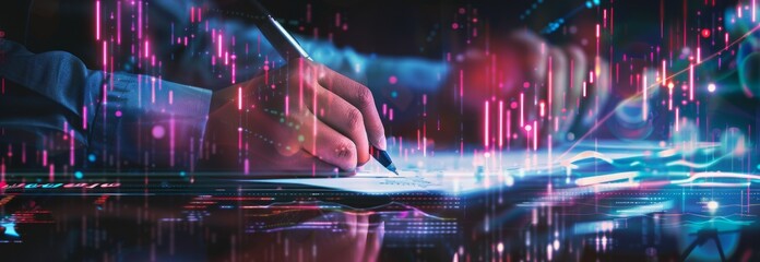 A person is writing at the desk with a pen, with digital stock market charts and with financial data being displayed on virtual screens. symbolizes a global business vision and planning