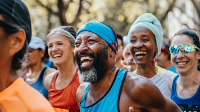 Diverse Group of Marathon Runners Laughing and Preparing at the Start Line