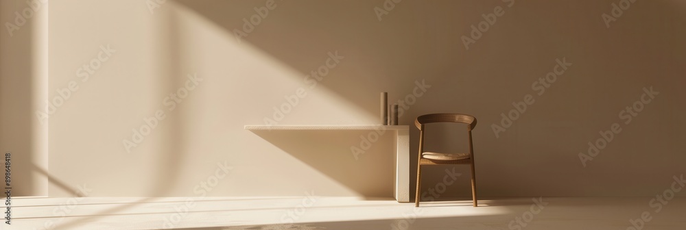 Aufkleber a lone wooden chair sits against a white wall with a shelf behind it. sunlight streams through a win