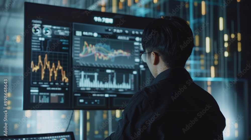 Aufkleber cryptocurrency trader analyzing market trends during virtual investment seminar