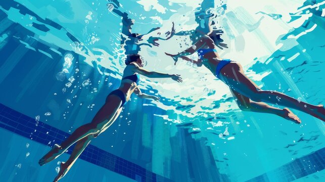 Illustration of Synchronized swimmers performing in a pool, underwater grace, synchronized moves