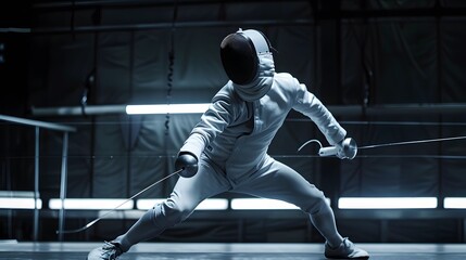 A focused fencer in a white uniform and mask lunges forward with precision during a match. The dramatic lighting highlights the intensity and skill required in this elegant sport.