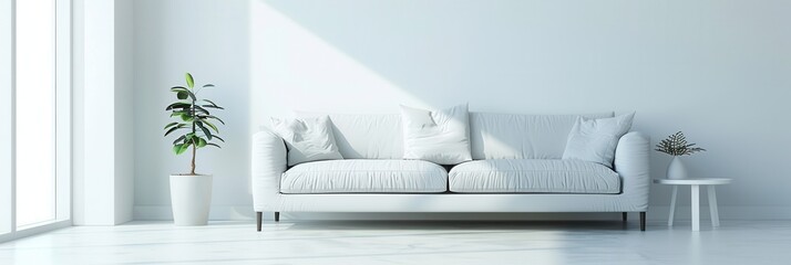 A white sofa sits in a modern living room with a large window and a potted plant. Generative AI