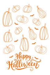 Orange pumpkins and bats with calligraphy Happy Halloween text on a white background. Halloween greeting card design template with vector illustrations in doodle outline style