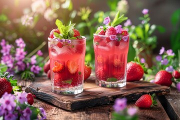 Refreshing berry drinks in a garden with flowers evoking natural flavors health and outdoor enjoyment with vibrant colors and a cheerful atmosphere