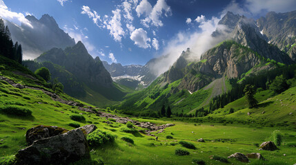 Fototapeta premium A breathtaking mountain landscape with rocky peaks and a beautiful blue sky, ideal for travel and adventure-related content.