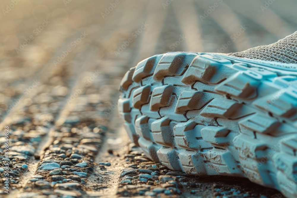 Poster detailed close-up of racewalking shoe sole highlighting tread pattern and design features for enhanc