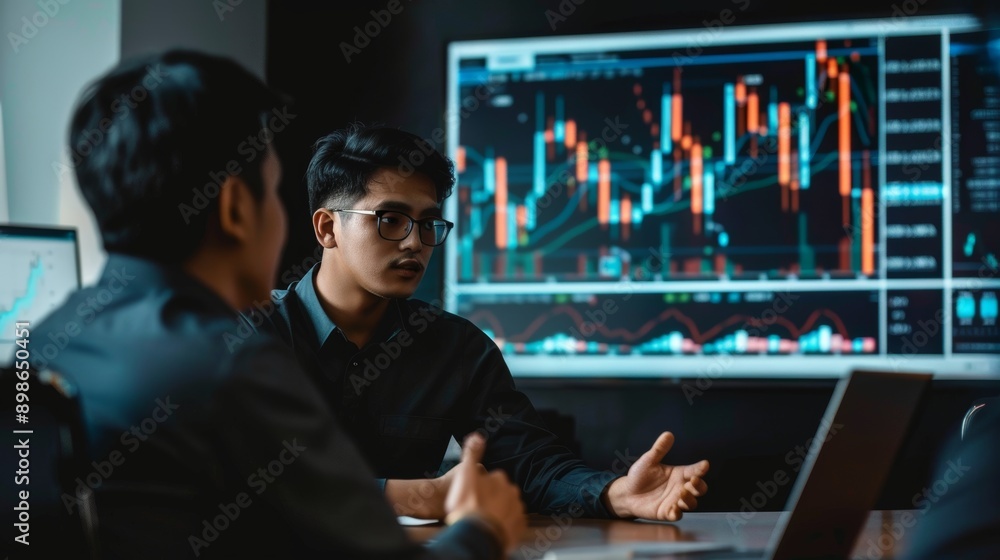 Poster expert trader presenting forex strategies in modern conference room with charts and graphs
